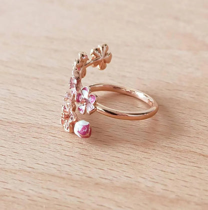 Pink Peach Blossom Flower Branch Open Ring