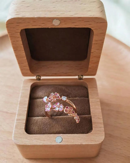 Pink Peach Blossom Flower Branch Open Ring