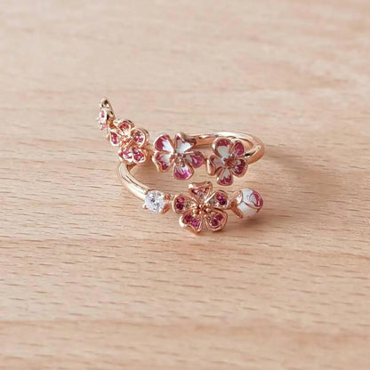 Pink Peach Blossom Flower Branch Open Ring
